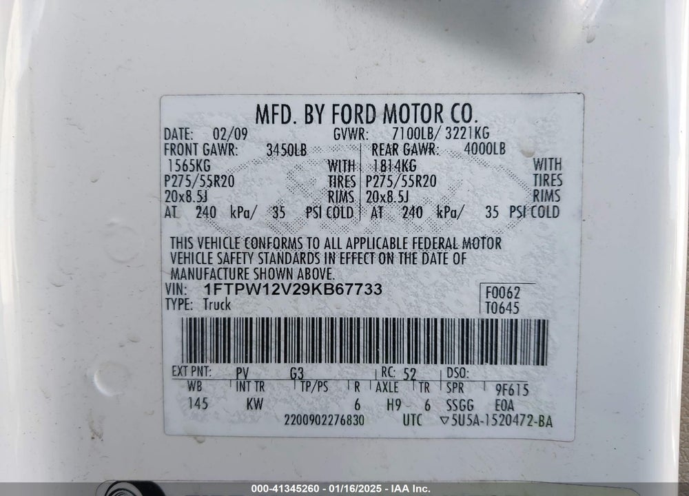 2009 FORD F-150 KING RANCH/LARIAT/PLATINUM/XL/XLT VIN: 1FTPW12V29KB67733