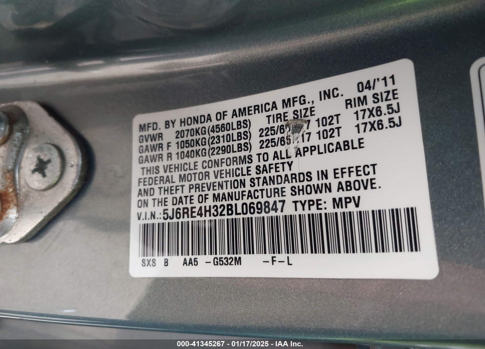 2011 HONDA CR-V LX VIN: 5J6RE4H32BL069847