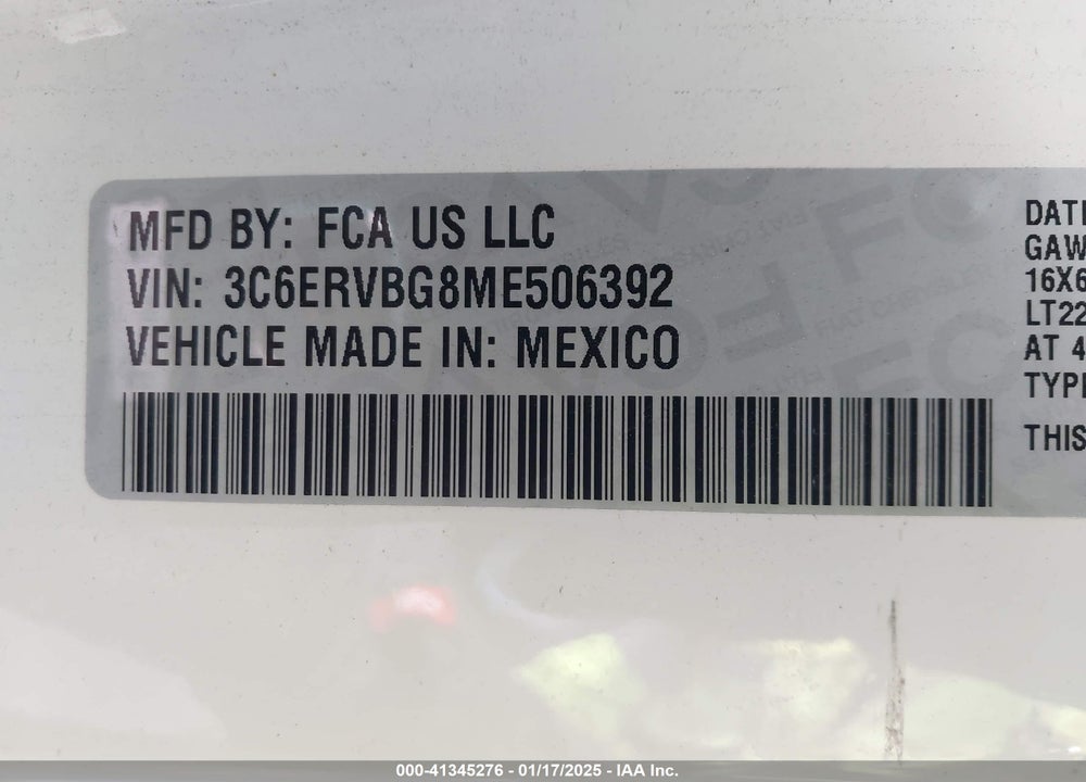 2021 RAM PROMASTER 1500 136 WB VIN: 3C6ERVBG8ME506392