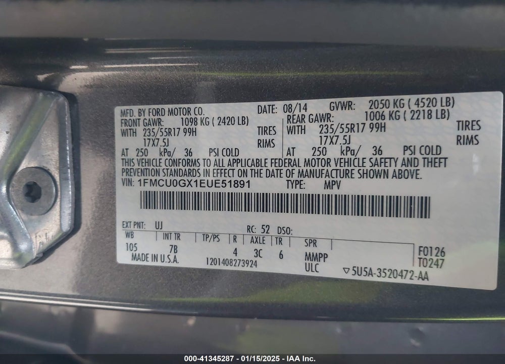 2014 FORD ESCAPE SE VIN: 1FMCU0GX1EUE51891