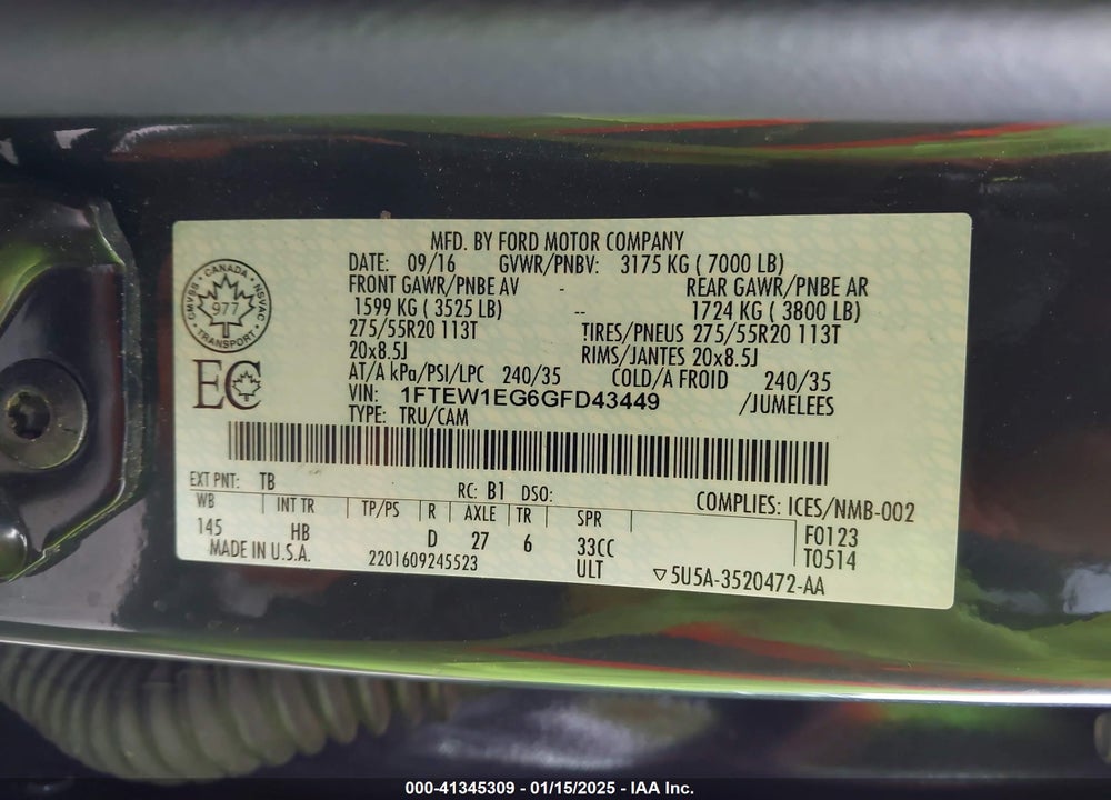 2016 FORD F-150 VIN: 1FTEW1EG6GFD43449