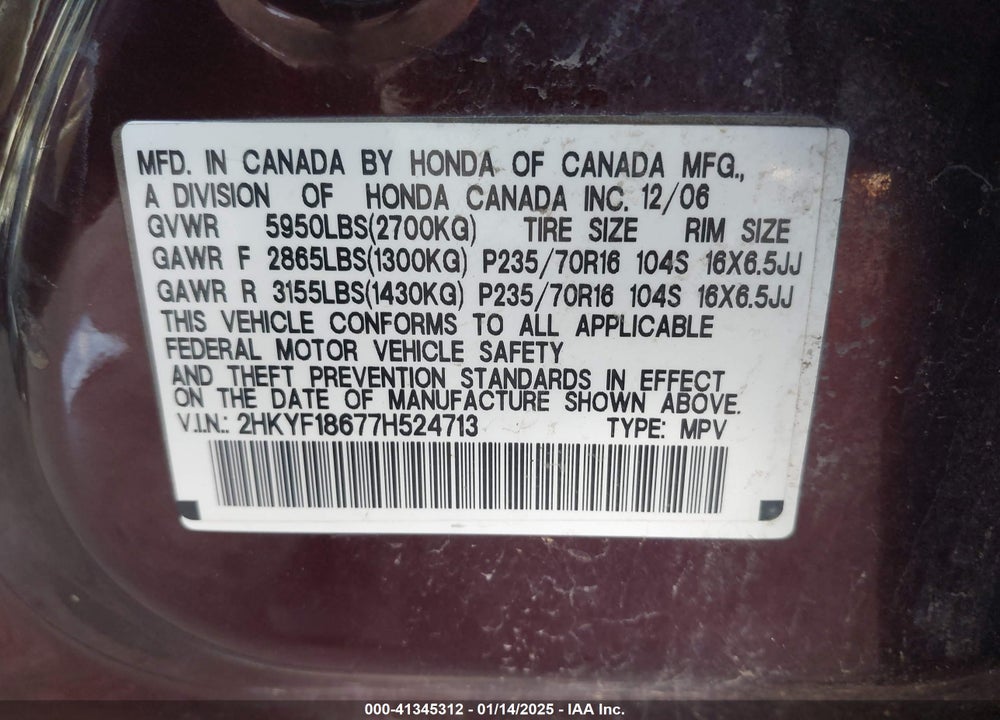 2007 HONDA PILOT EX-L VIN: 2HKYF18677H524713