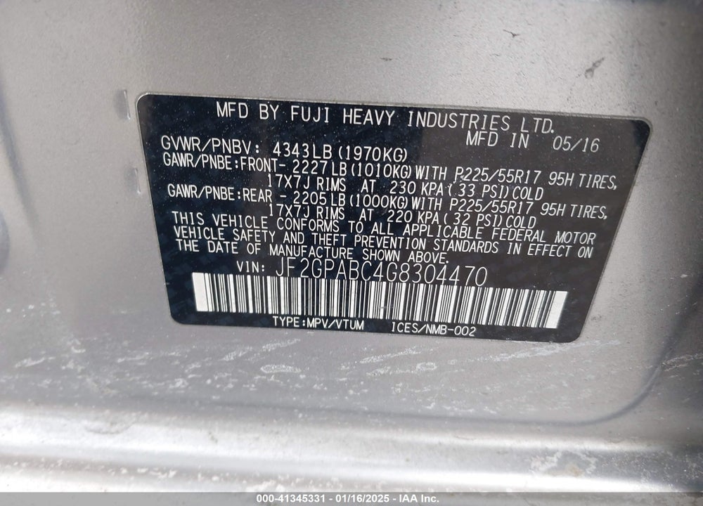 2016 SUBARU CROSSTREK 2.0I PREMIUM VIN: JF2GPABC4G8304470