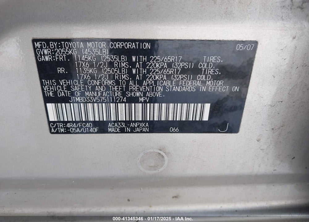 2007 TOYOTA RAV4 VIN: JTMBD33V575111274