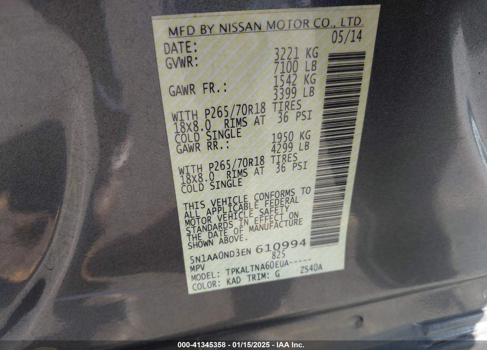 2014 NISSAN ARMADA SV VIN: 5N1AA0ND3EN610994