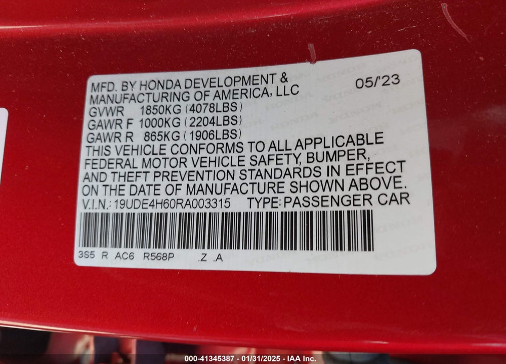2024 ACURA INTEGRA VIN: 19UDE4H60RA003315