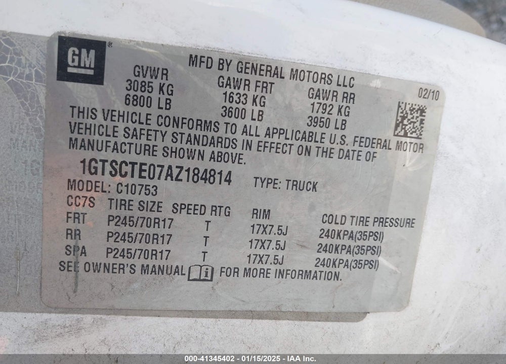 2010 GMC SIERRA 1500 WORK TRUCK VIN: 1GTSCTE07AZ184814