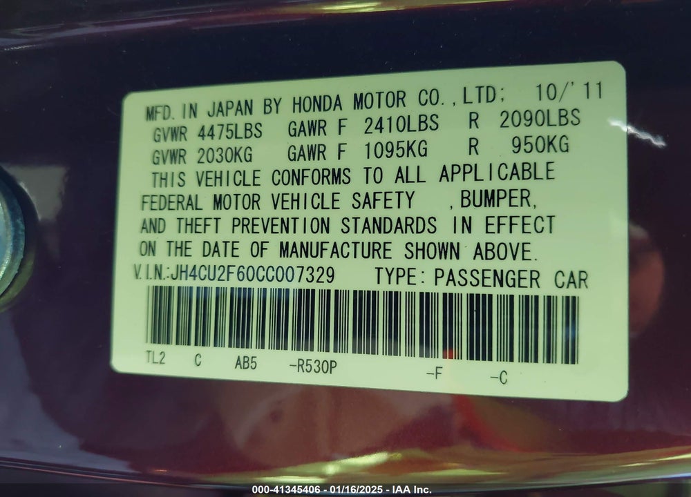 2012 ACURA TSX VIN: JH4CU2F60CC007329