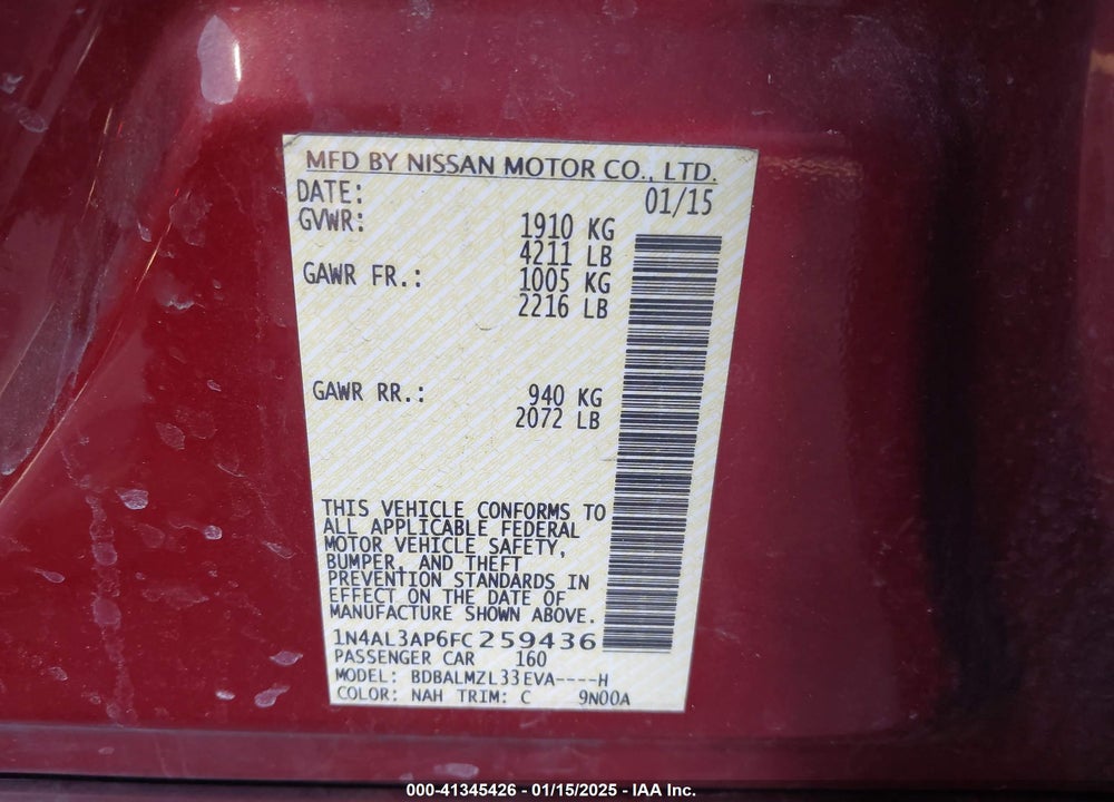 2015 NISSAN ALTIMA VIN: 1N4AL3AP6FC259436