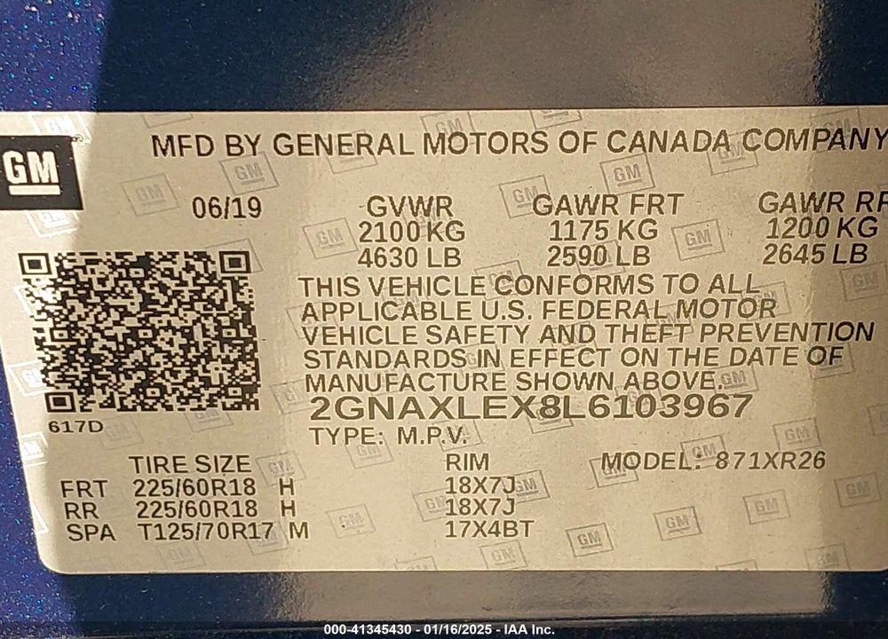 2020 CHEVROLET EQUINOX FWD LT 2.0L TURBO VIN: 2GNAXLEX8L6103967