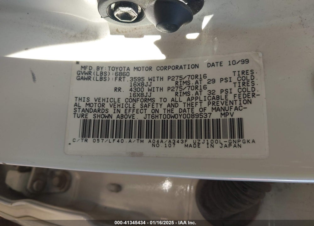 2000 LEXUS LX 470 VIN: JT6HT00W0Y0089537