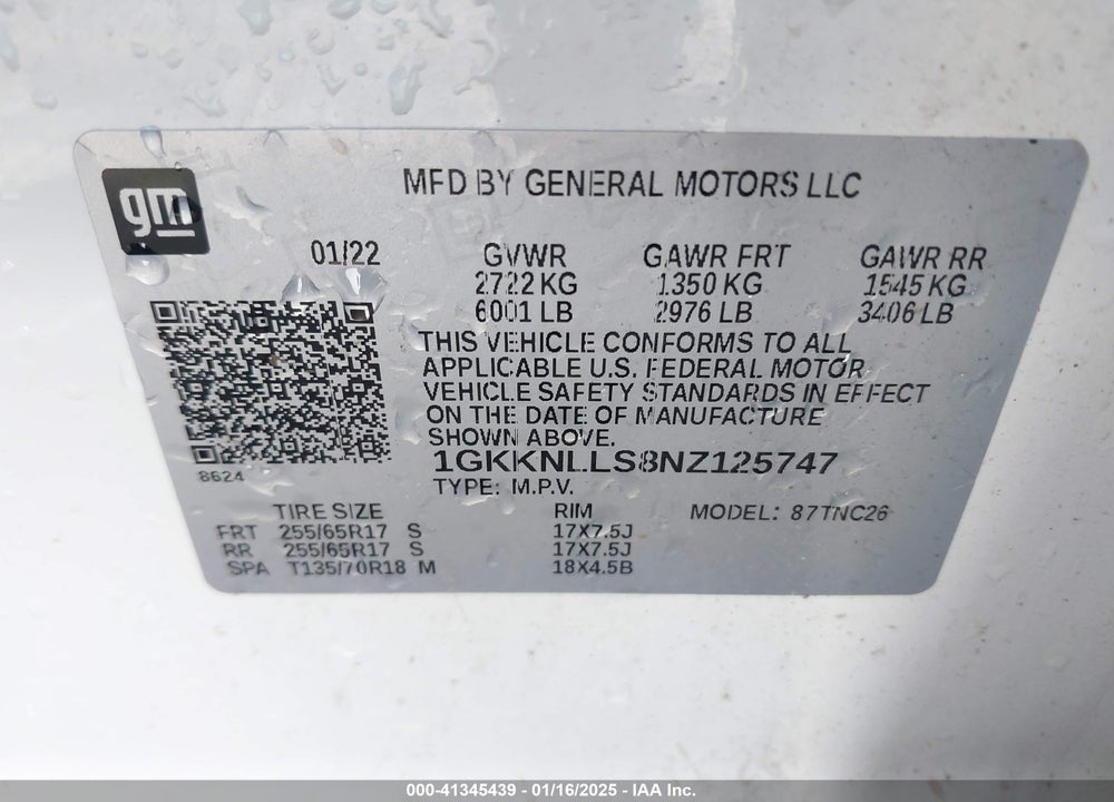 2022 GMC ACADIA AWD AT4 VIN: 1GKKNLLS8NZ125747