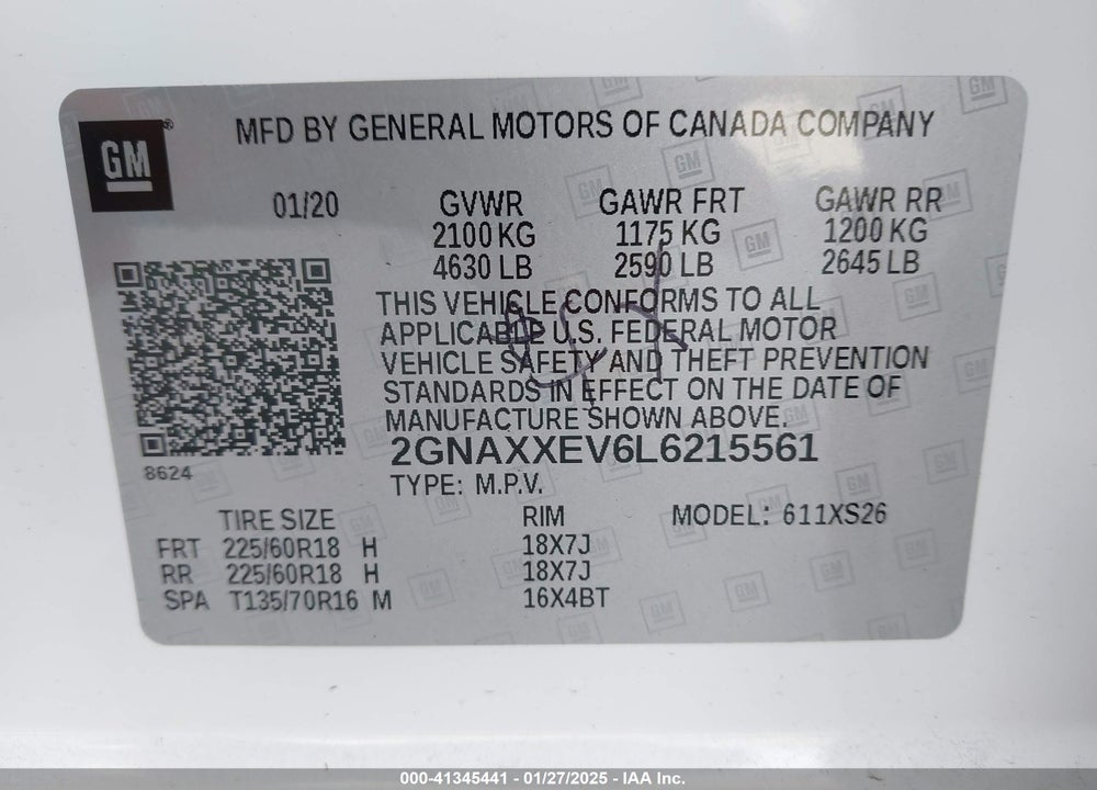 2020 CHEVROLET EQUINOX VIN: 2GNAXXEV6L6215561
