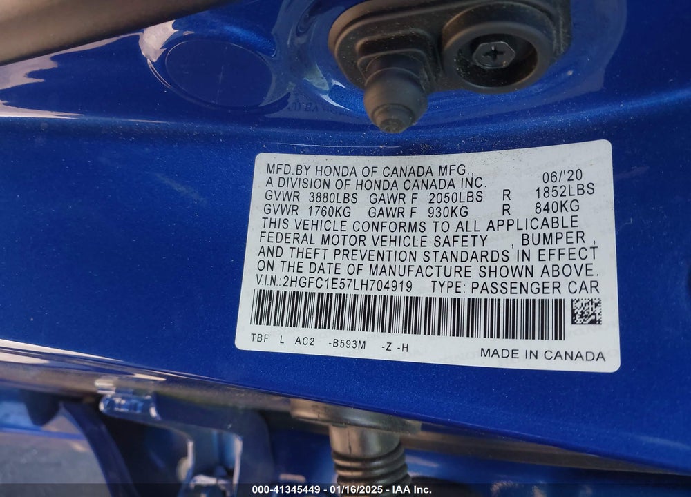 2020 HONDA CIVIC SI SEDAN VIN: 2HGFC1E57LH704919