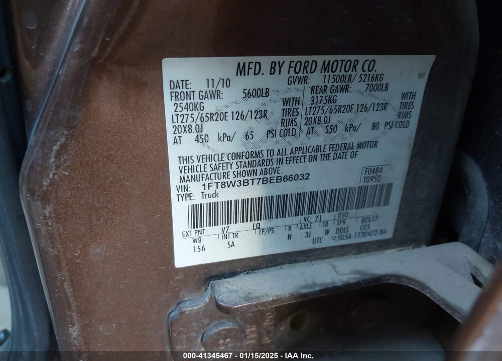 2011 FORD F-350 LARIAT VIN: 1FT8W3BT7BEB66032