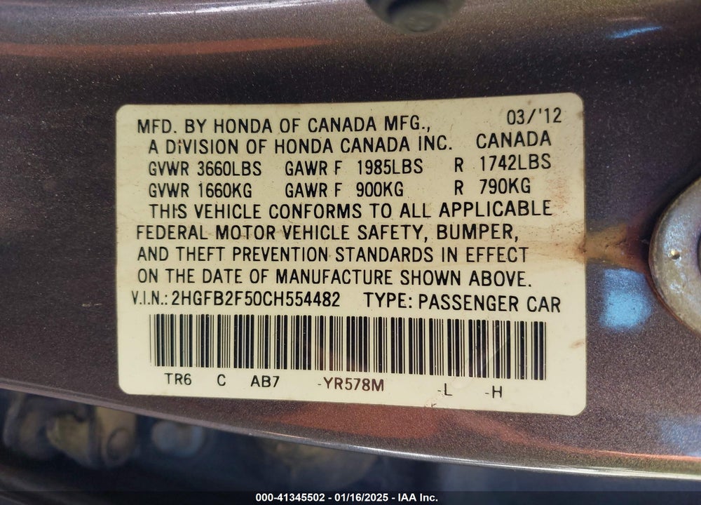 2012 HONDA CIVIC SDN LX VIN: 2HGFB2F50CH554482