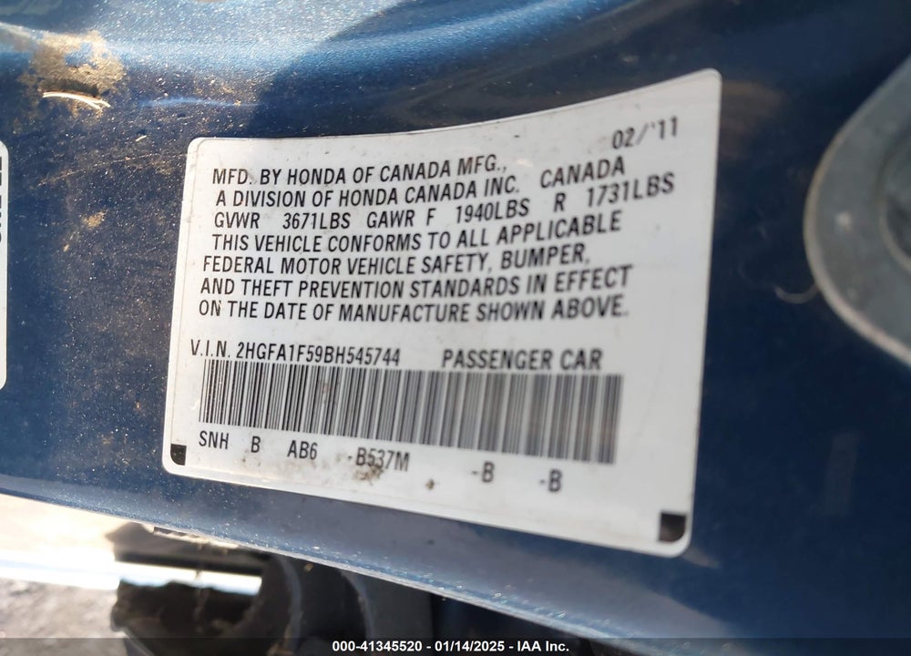 2011 HONDA CIVIC LX VIN: 2HGFA1F59BH545744