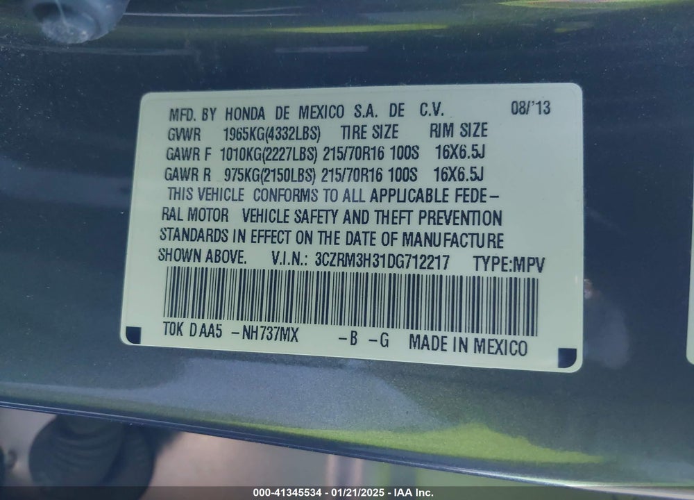 2013 HONDA CR-V LX VIN: 3CZRM3H31DG712217