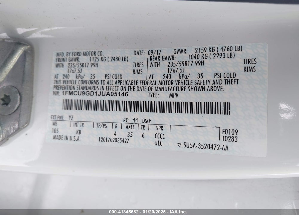 2018 FORD ESCAPE SE VIN: 1FMCU9GD1JUA05146