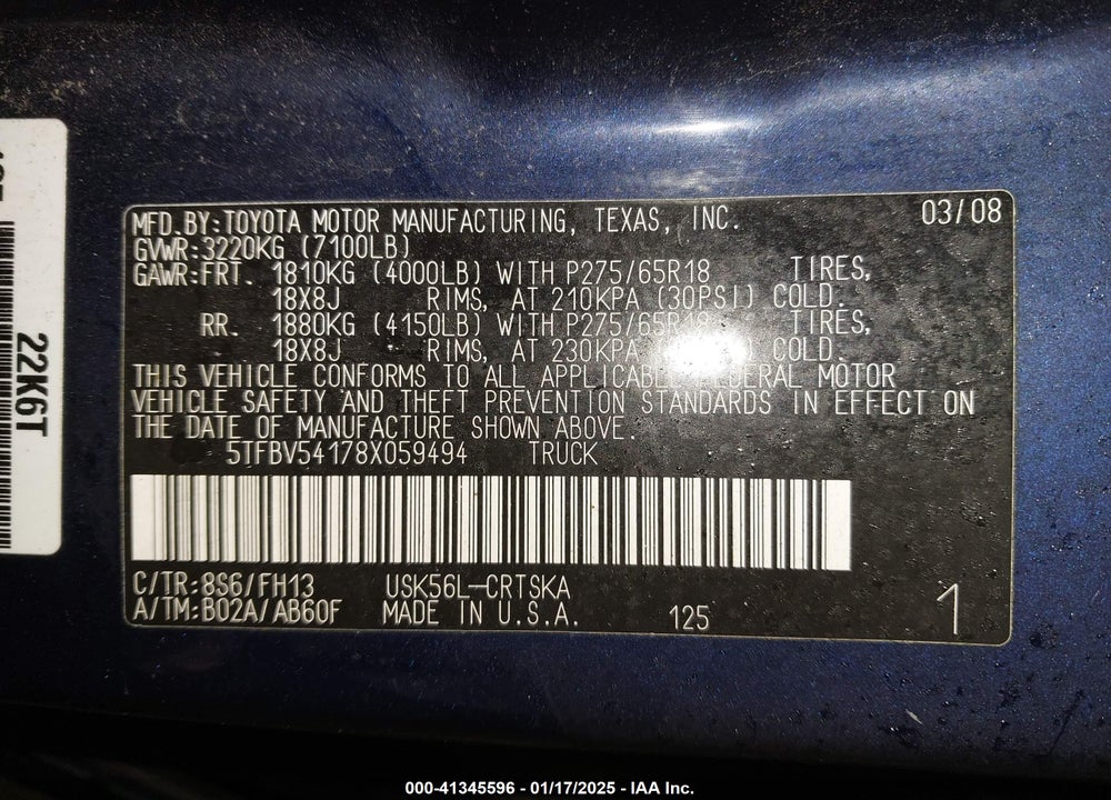 2008 TOYOTA TUNDRA BASE 5.7L V8 VIN: 5TFBV54178X059494
