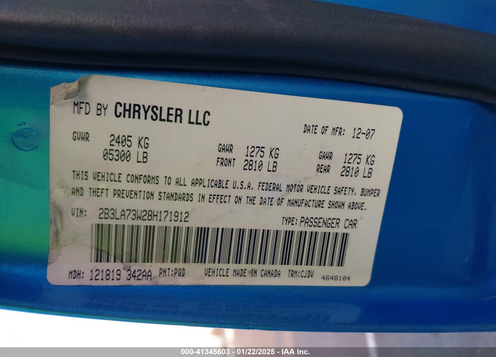 2008 DODGE CHARGER SRT8 VIN: 2B3LA73W28H171912