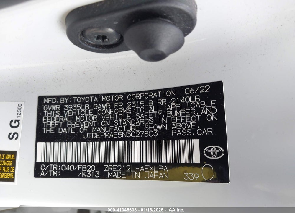2022 TOYOTA COROLLA VIN: JTDEPMAE5N3027803