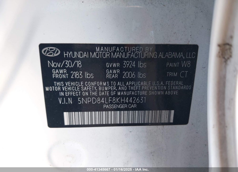 2019 HYUNDAI ELANTRA VIN: 5NPD84LF8KH442631