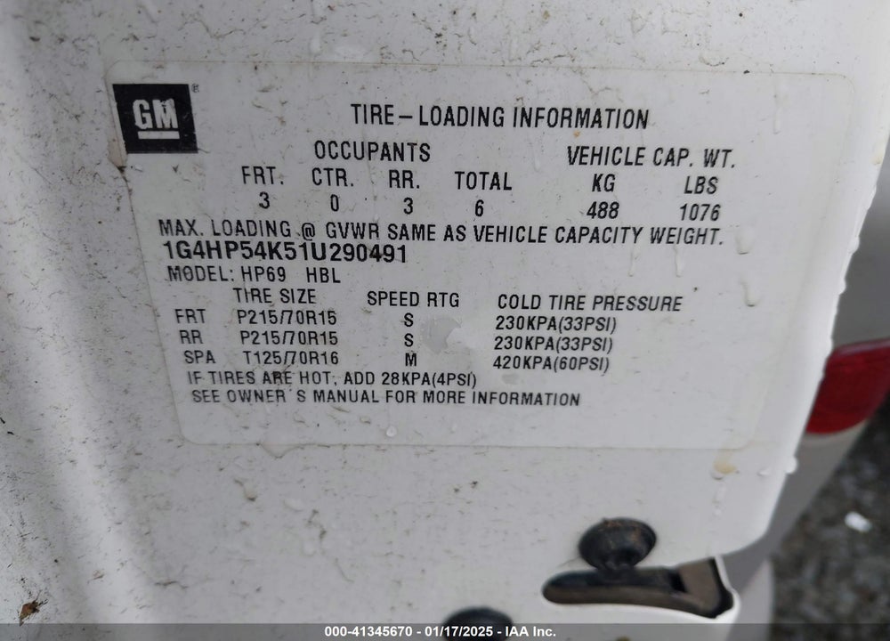 2001 BUICK LESABRE CUSTOM VIN: 1G4HP54K51U290491
