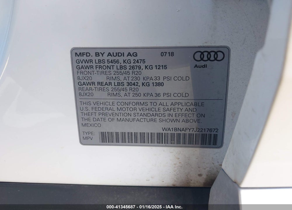 2018 AUDI Q5 VIN: WA1BNAFY7J2217672