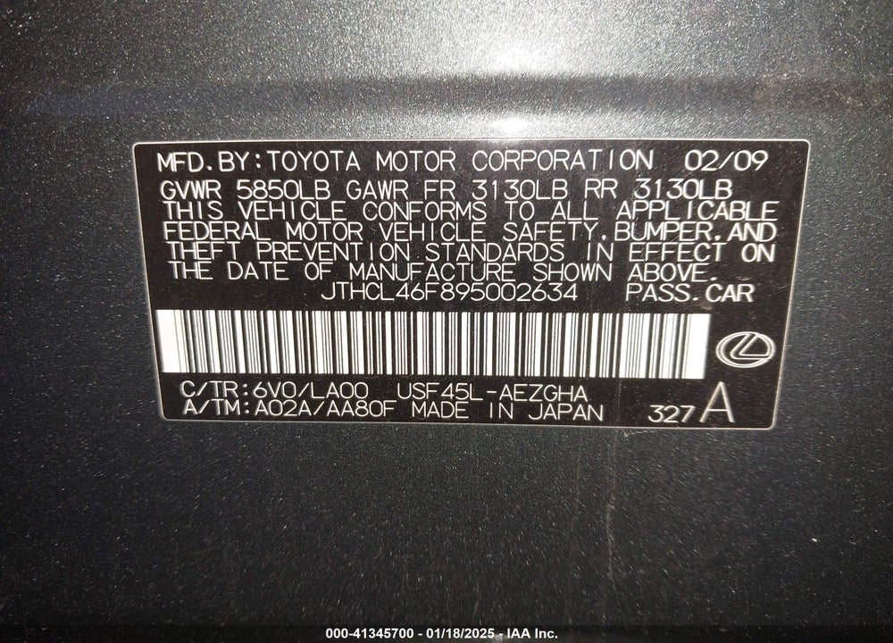 2009 LEXUS LS 460 VIN: JTHCL46F895002634