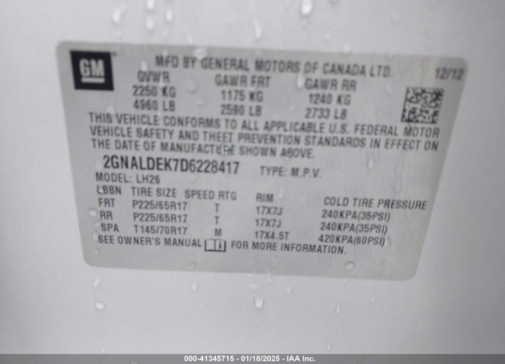 2013 CHEVROLET EQUINOX 1LT VIN: 2GNALDEK7D6228417