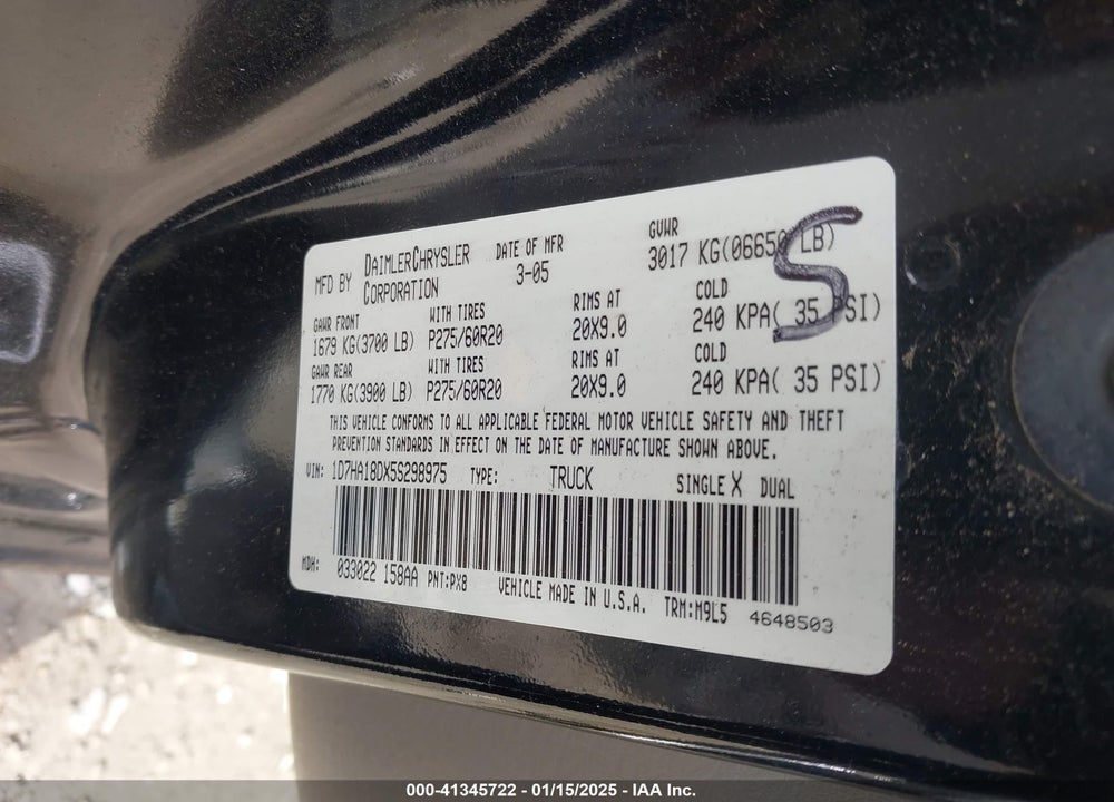 2005 DODGE RAM 1500 SLT/LARAMIE VIN: 1D7HA18DX5S298975