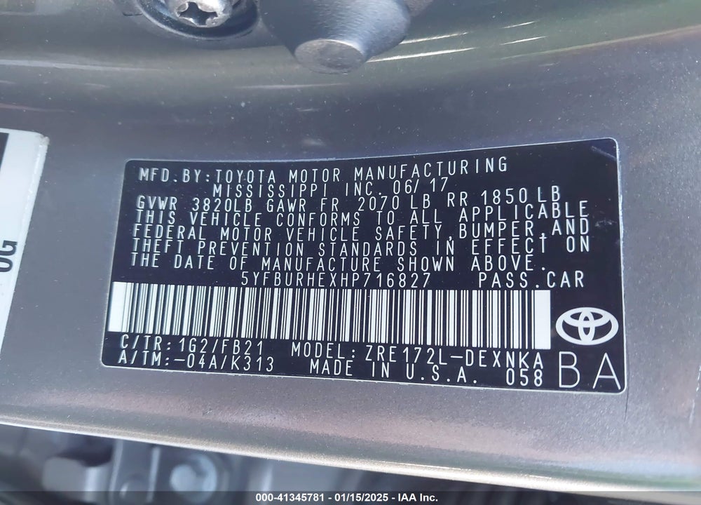 2017 TOYOTA COROLLA VIN: 5YFBURHEXHP716827
