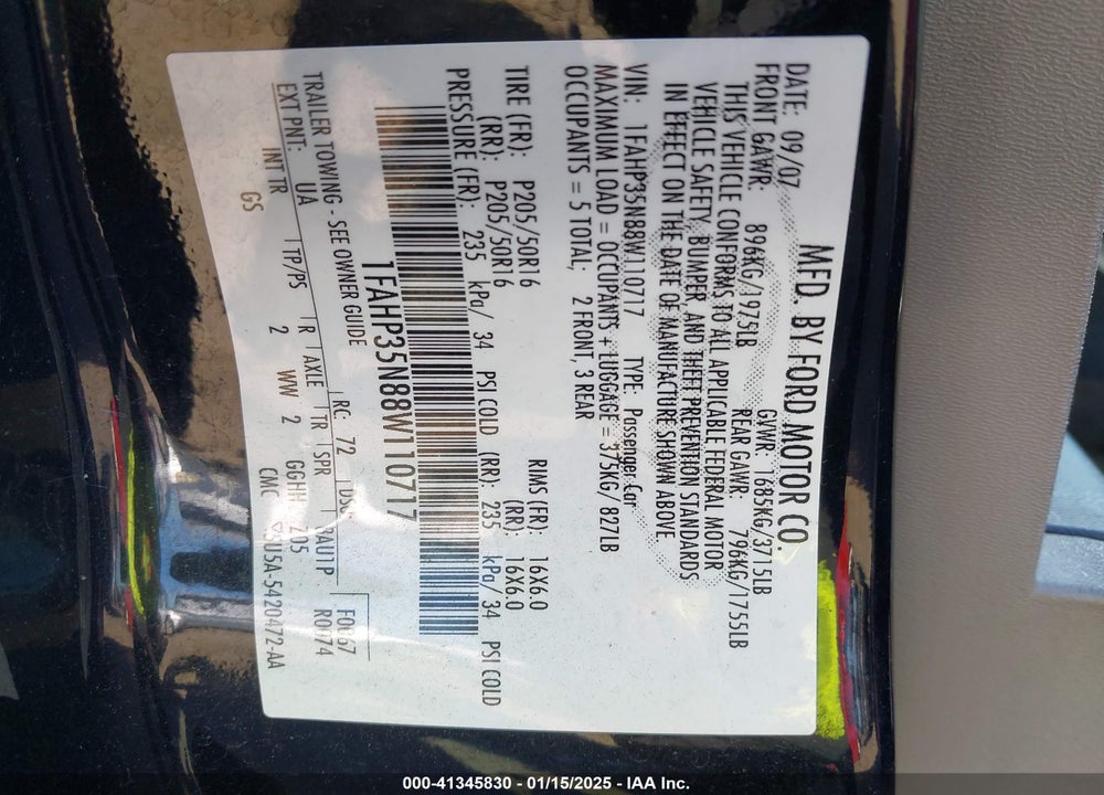 2008 FORD FOCUS VIN: 1FAHP35N88W110717