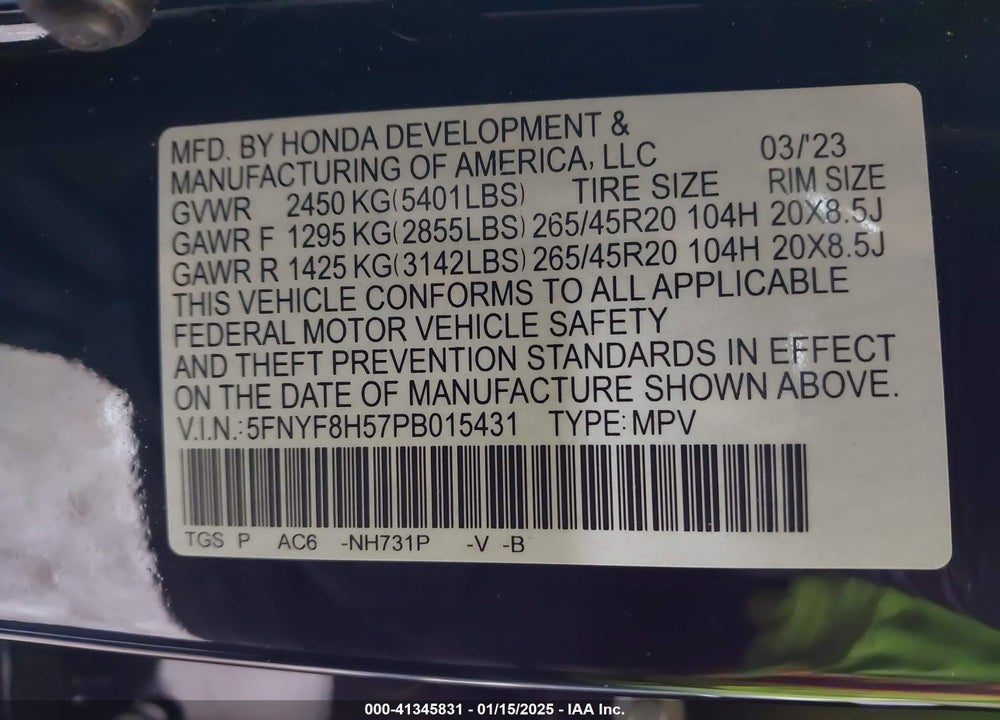 2023 HONDA PASSPORT AWD EX-L VIN: 5FNYF8H57PB015431