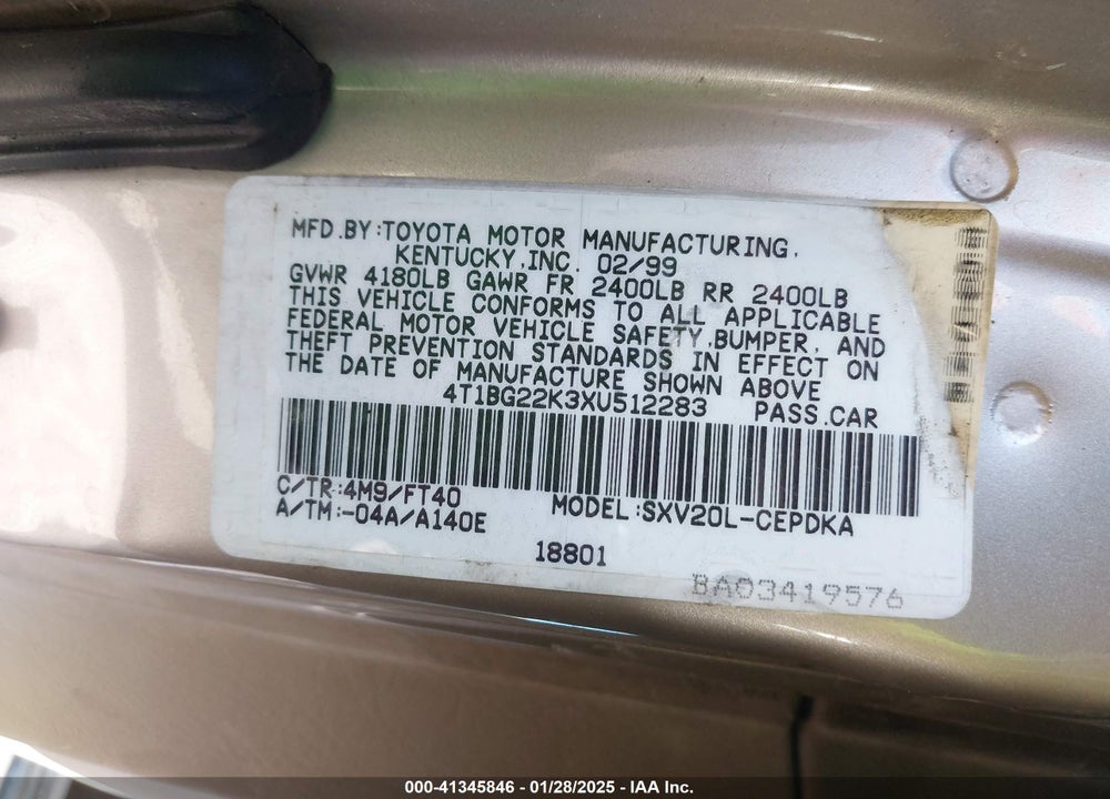1999 TOYOTA CAMRY CE VIN: 4T1BG22K3XU512283