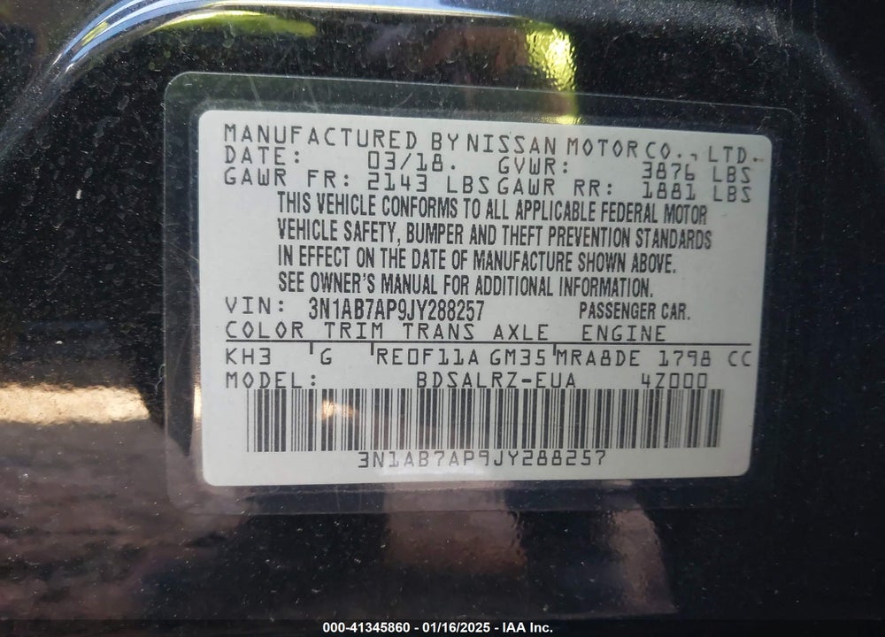 2018 NISSAN SENTRA VIN: 3N1AB7AP9JY288257