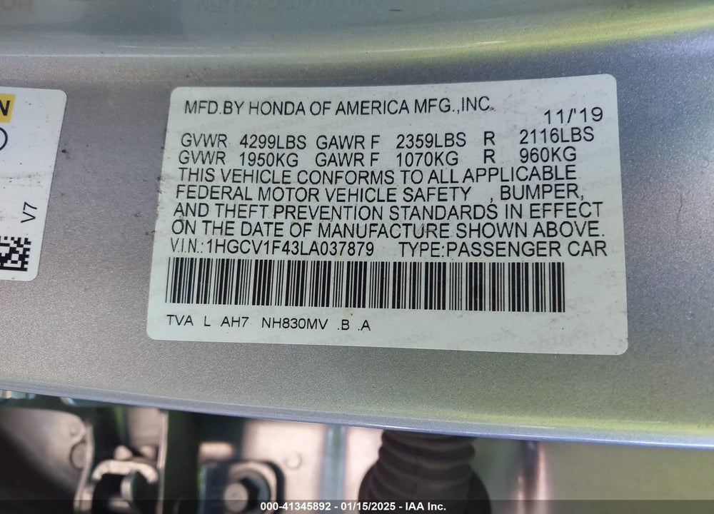 2020 HONDA ACCORD VIN: 1HGCV1F43LA037879