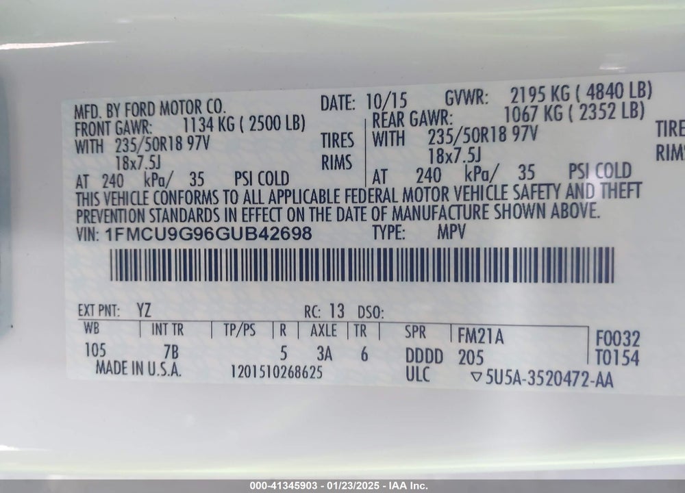 2016 FORD ESCAPE SE VIN: 1FMCU9G96GUB42698