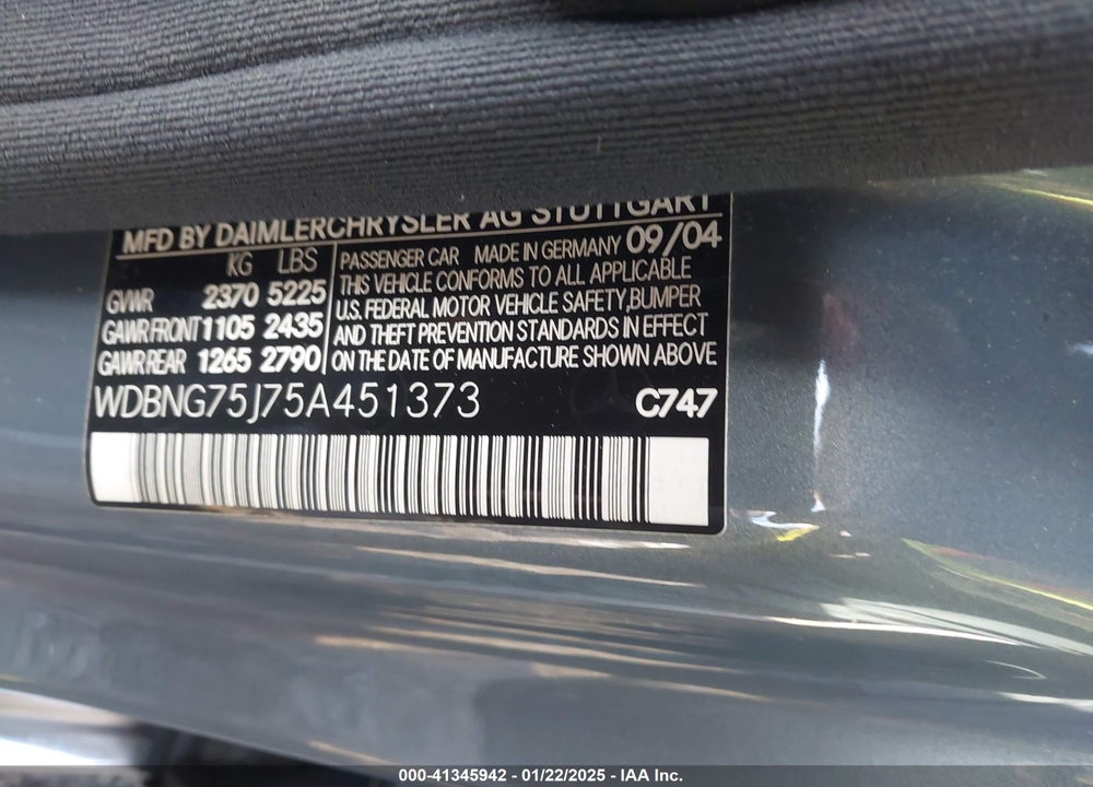 2005 MERCEDES-BENZ S 500 VIN: WDBNG75J75A451373