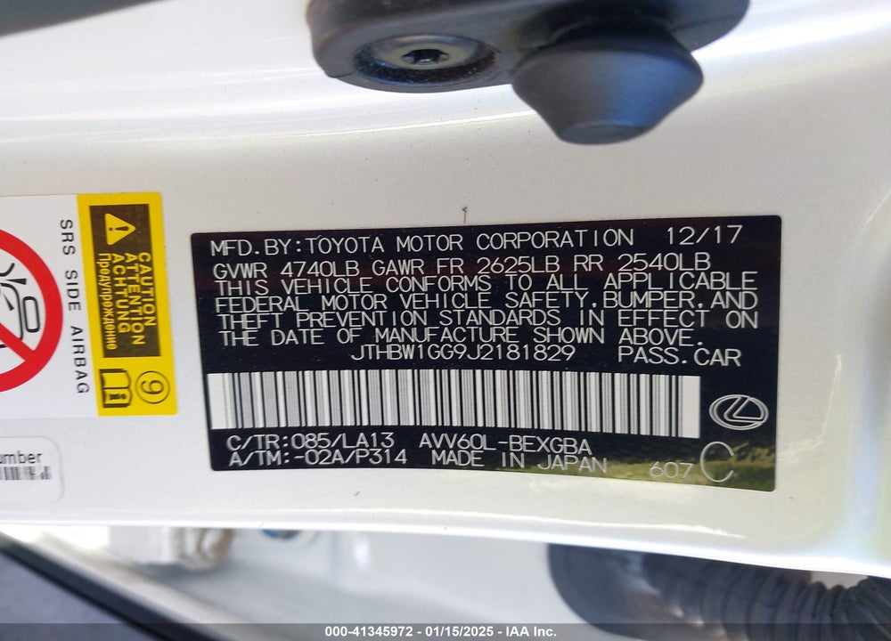 2018 LEXUS ES 300H VIN: JTHBW1GG9J2181829
