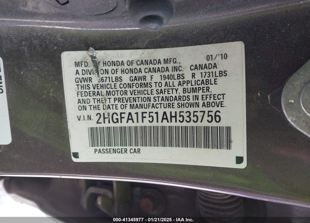 2010 HONDA CIVIC VIN: 2HGFA1F51AH535756