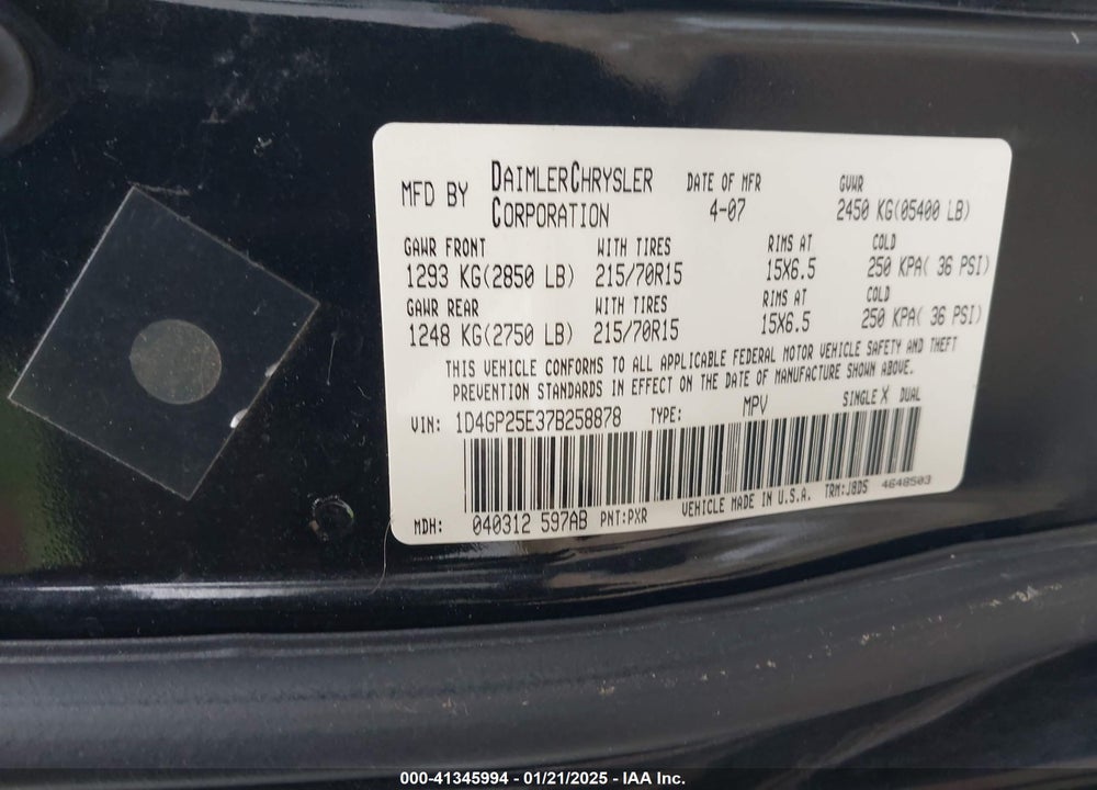 2007 DODGE CARAVAN SE VIN: 1D4GP25E37B258878