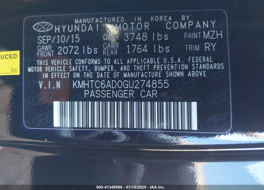 2016 HYUNDAI VELOSTER VIN: KMHTC6AD0GU274855
