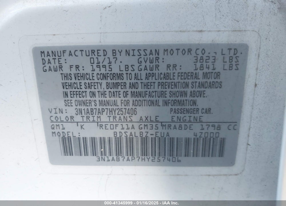 2017 NISSAN SENTRA S VIN: 3N1AB7AP7HY257406