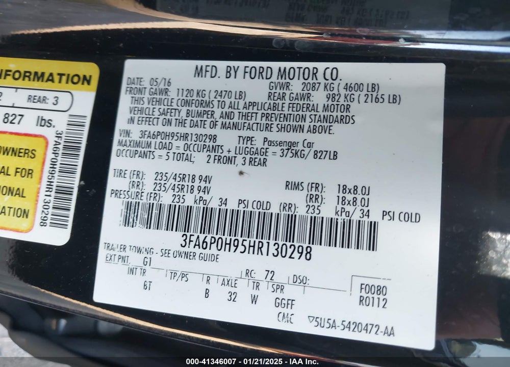 2017 FORD FUSION VIN: 3FA6P0H95HR130298