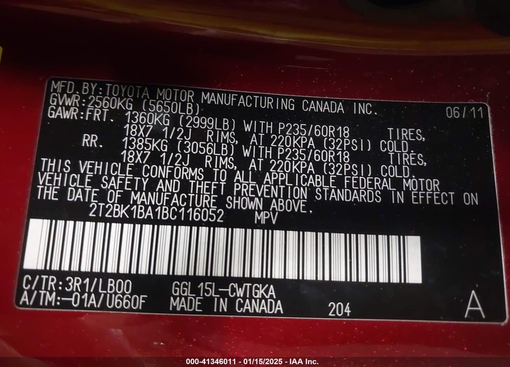2011 LEXUS RX 350 VIN: 2T2BK1BA1BC116052
