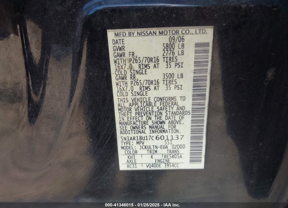 2007 NISSAN PATHFINDER VIN: 5N1AR18U17C601137