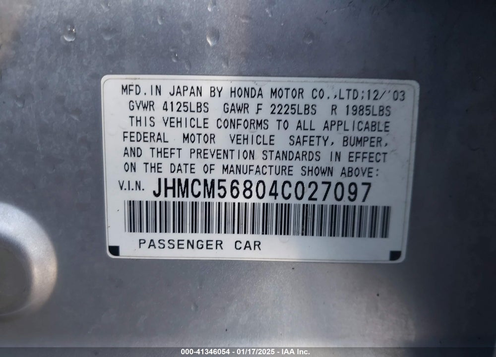 2004 HONDA ACCORD 2.4 EX VIN: JHMCM56804C027097
