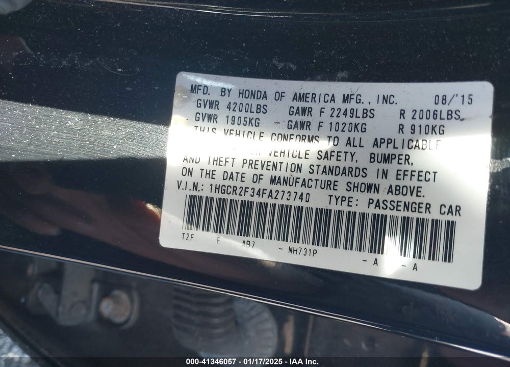 2015 HONDA ACCORD VIN: 1HGCR2F34FA273740